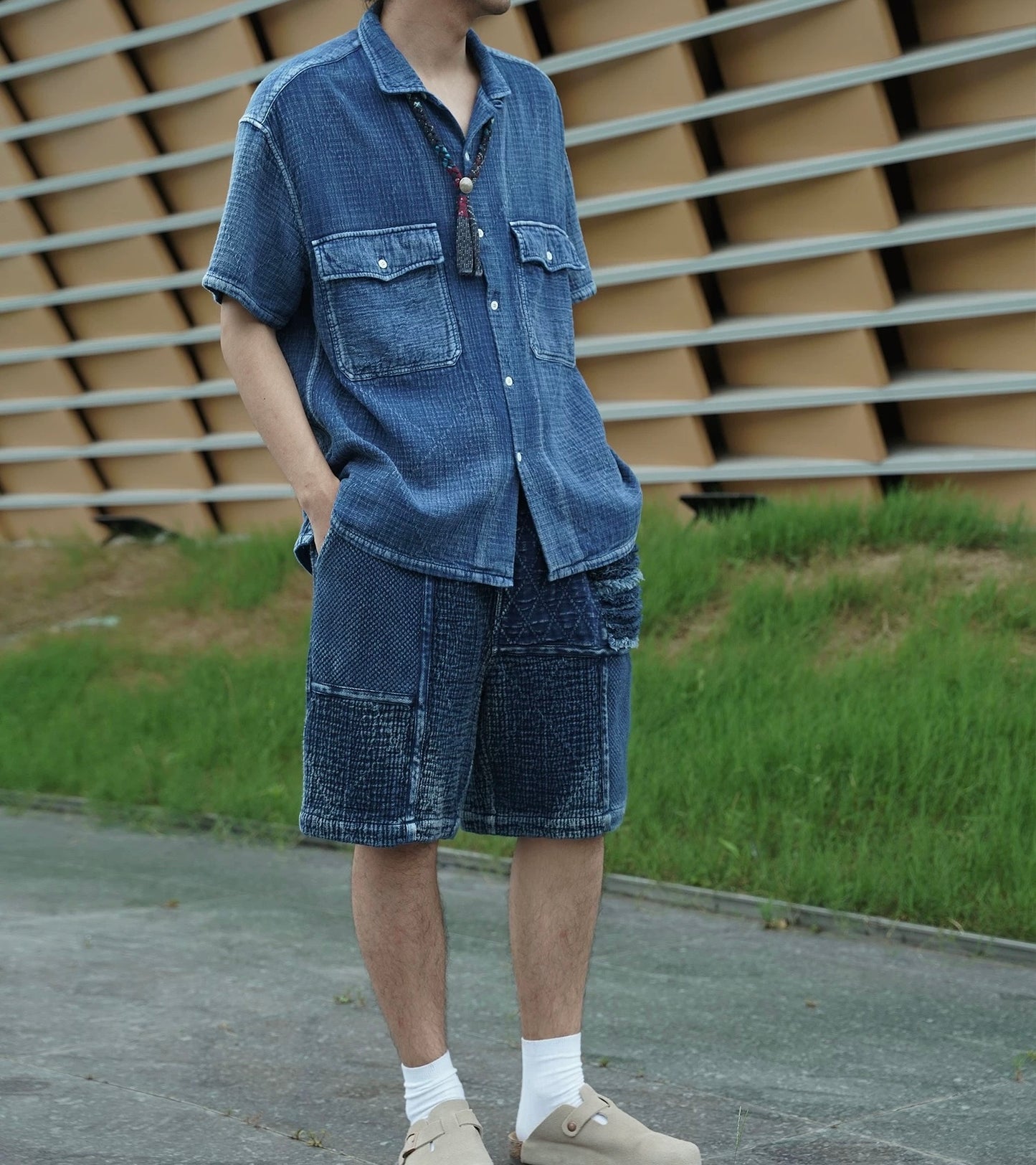 Indigo Dye Sashiko Retro Aloha Shirt