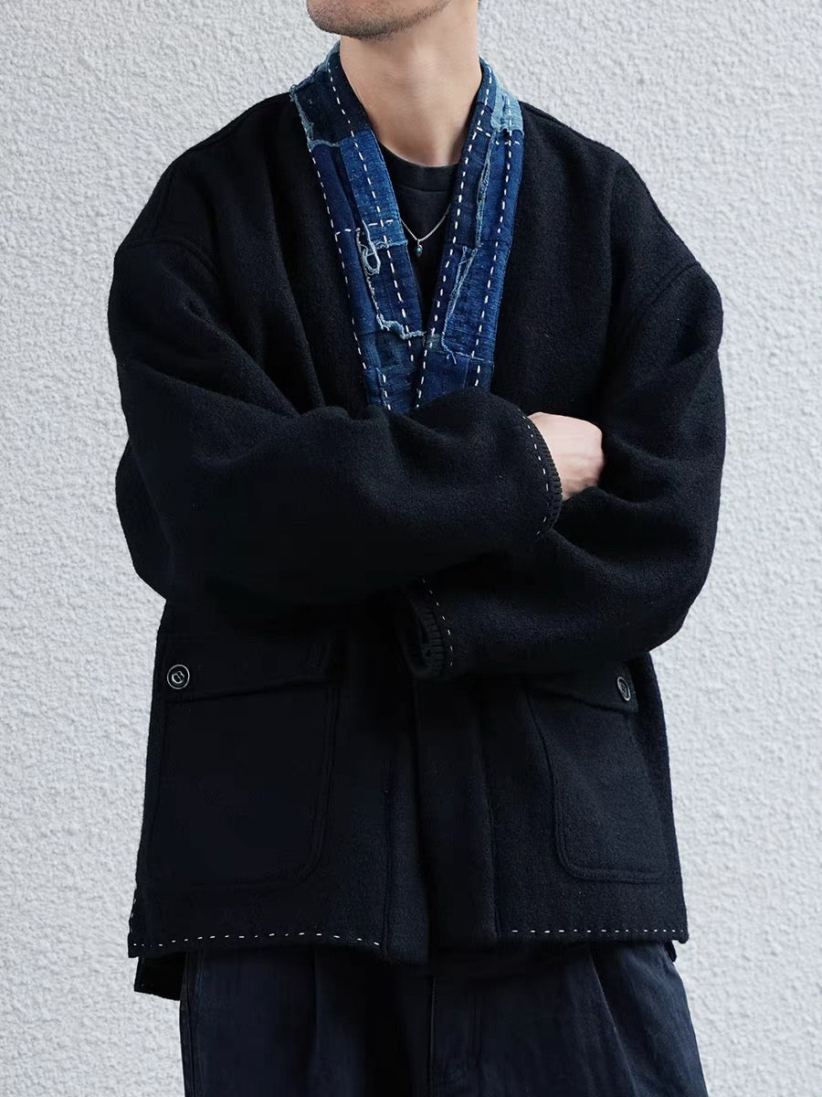 Indigo Dye Sashiko Patchwork Woolen Haori Jacket