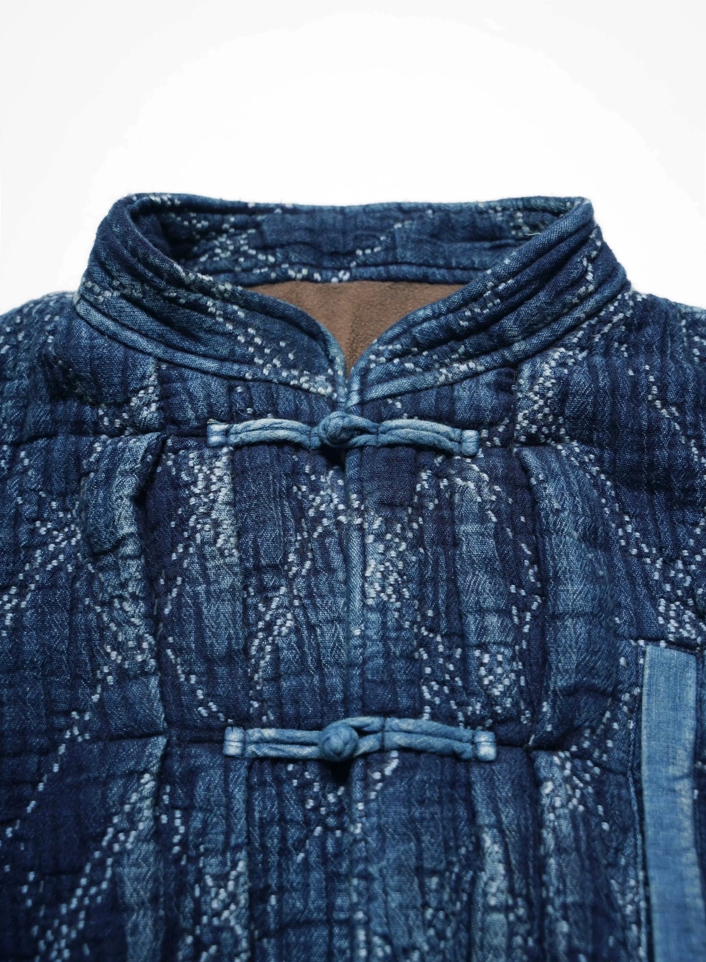 Indigo Dye Heavyweight Checked Sashiko Chinese Coat