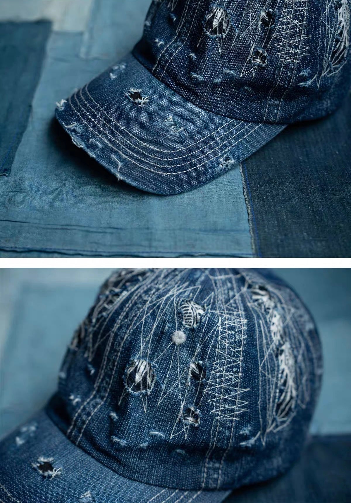 Indigo Dye Distressed Denim Cap