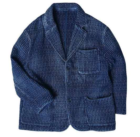 Indigo Dye Sashiko Blazer Casual Jacket - Dark Blue