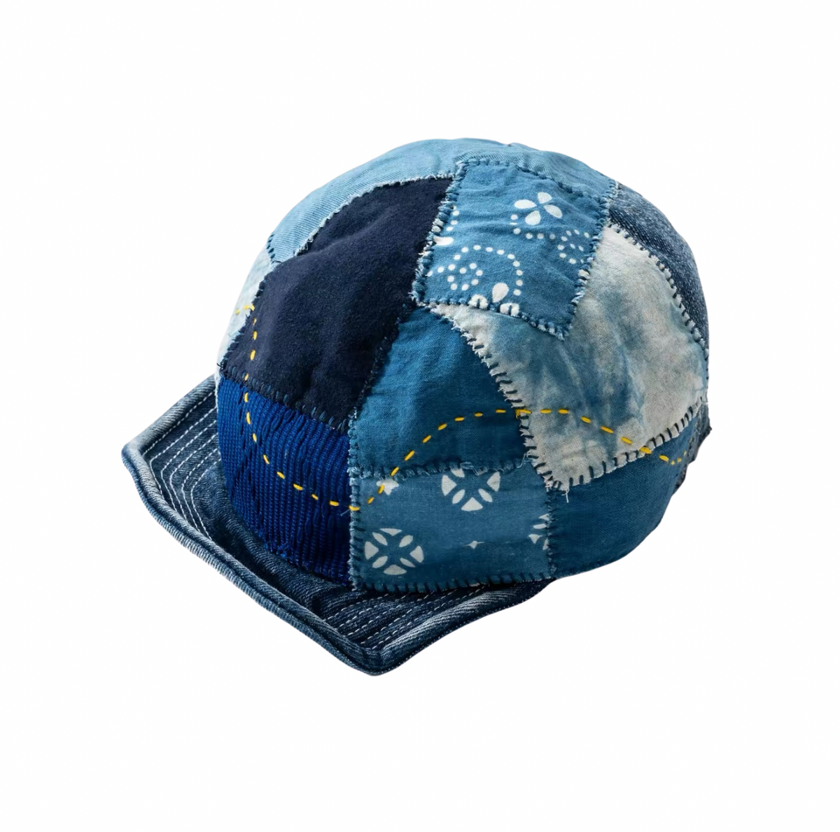 Indigo Dye Patchwork Short Brim Baseball Cap