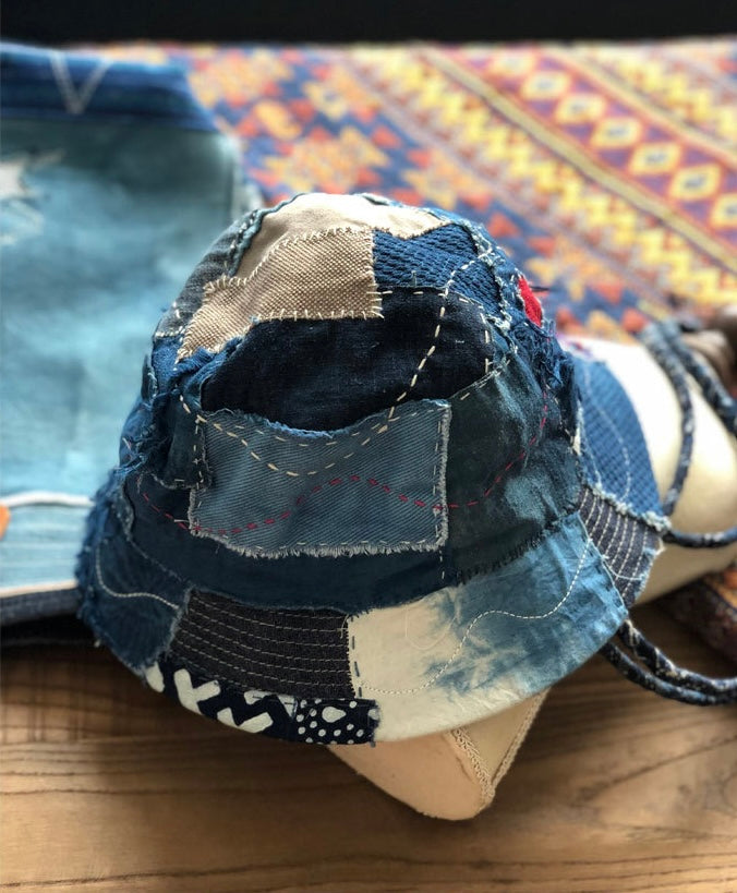 Indigo Dye Sashiko Patchwork Bucket Hat