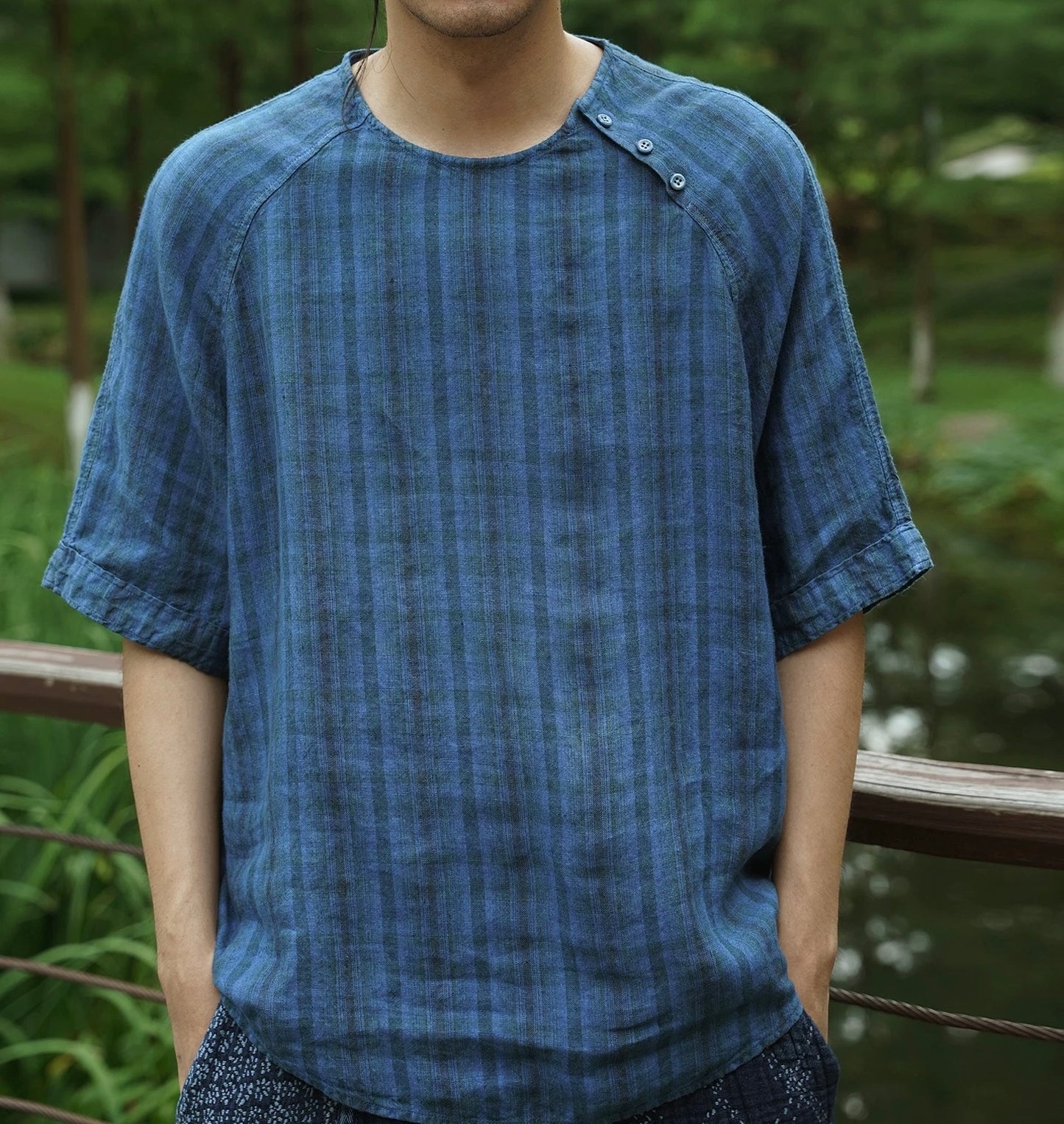 Indigo Dye Checked T-Shirt