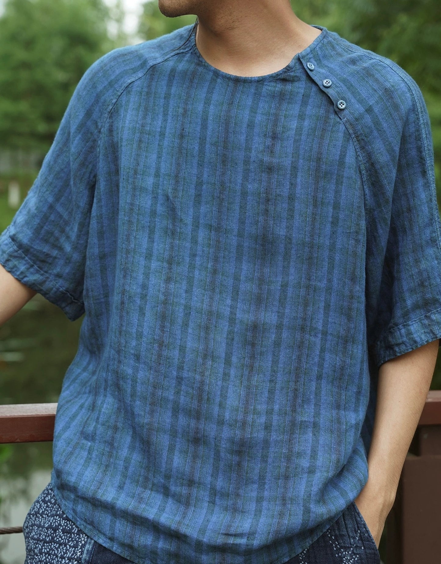 Indigo Dye Checked T-Shirt