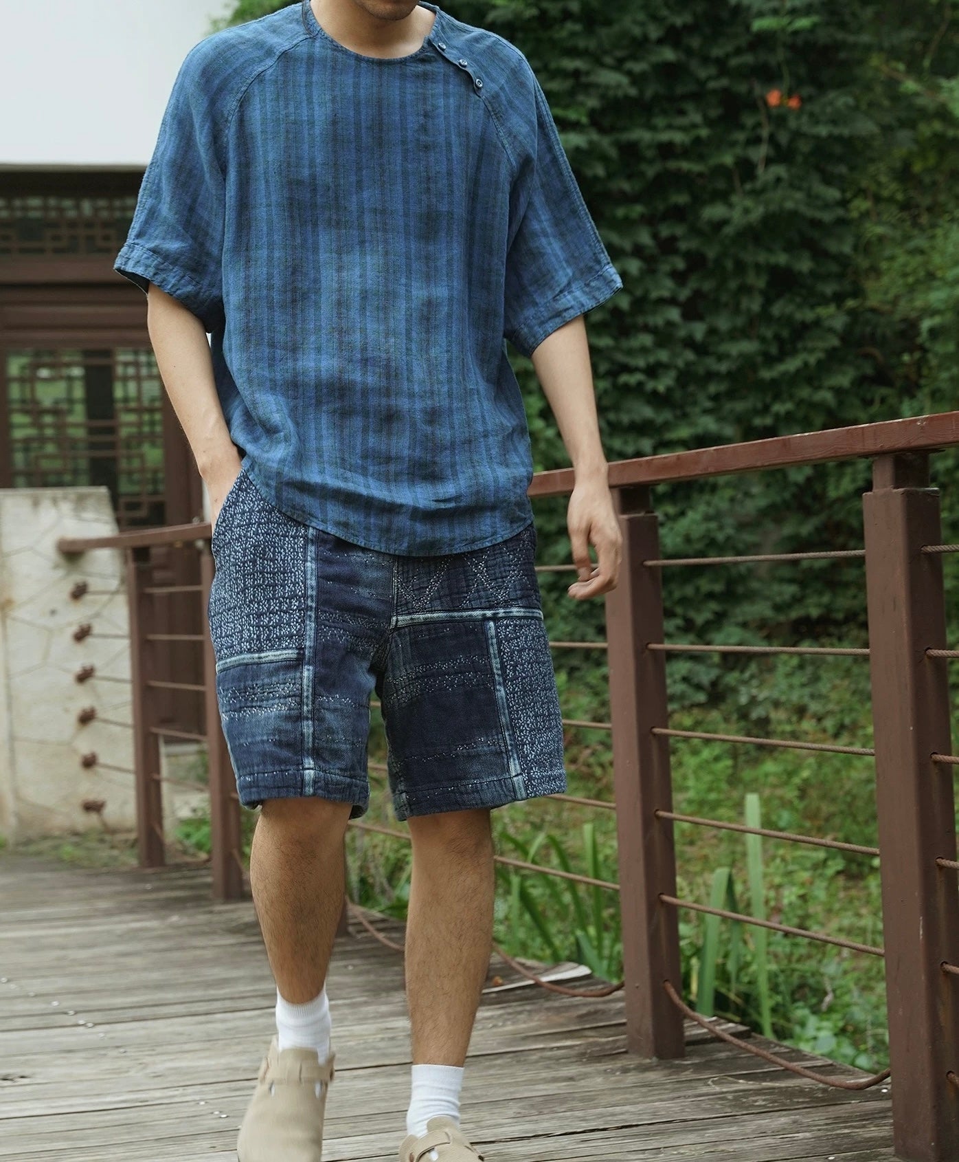 Indigo Dye Checked T-Shirt