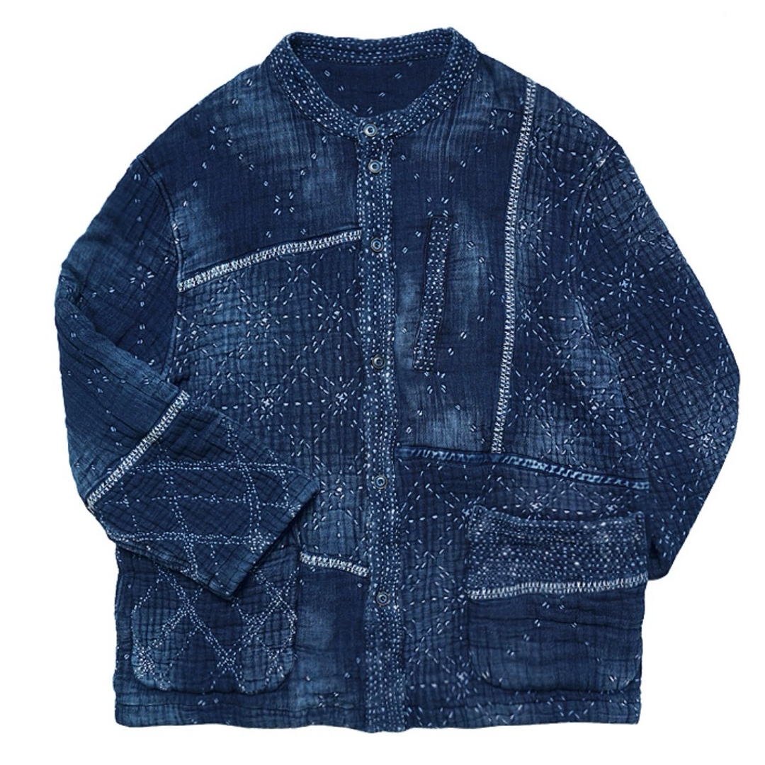 Indigo Dye Patchwork Sashiko Heavyweight Collarless Coat