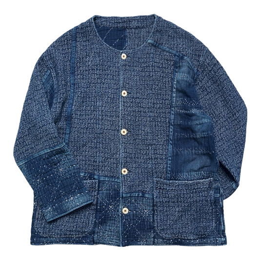 Indigo Dye Sashiko Cherry Blossom Collarless Jacket