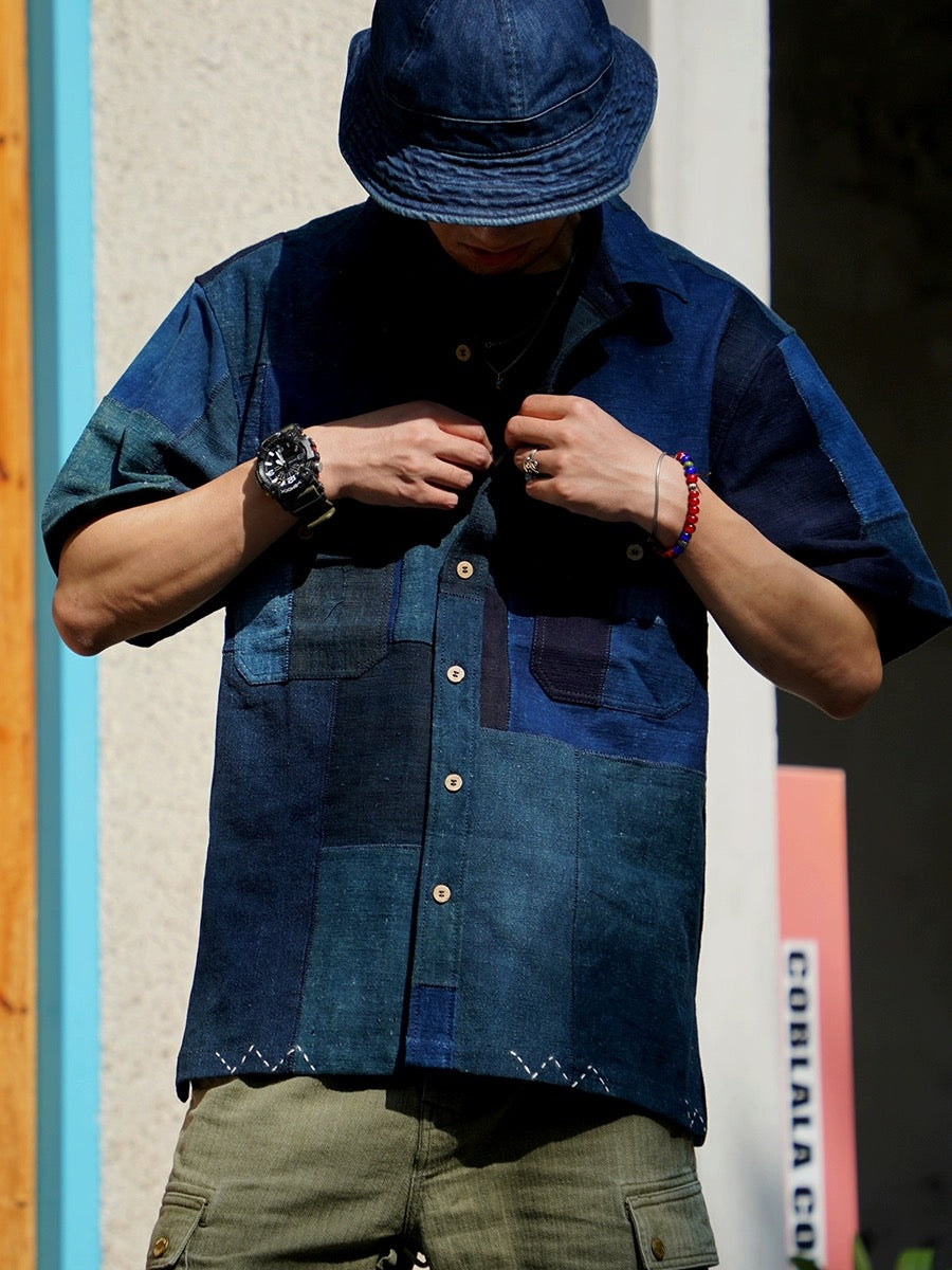 Indigo Dye Boro Patchwork Shirt